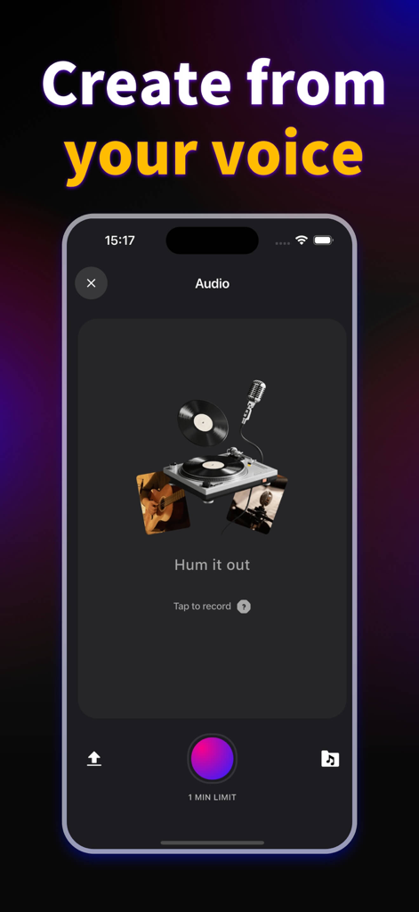 KP - AI Music & Song Generator - KP AI Music app interface showing the Create from your voice feature with a recording button and Hum it out text