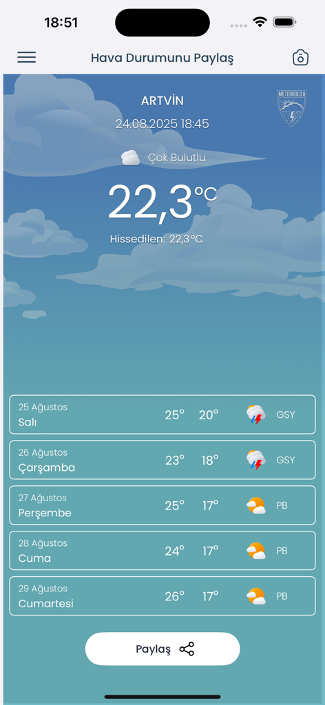 Hava Durumu Meteoroloji - Turkish weather app showing current temperature and five day forecast for Artvin