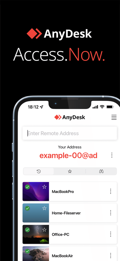 Interface do aplicativo móvel AnyDesk em um iPhone mostrando uma lista de dispositivos remotos salvos, como MacBookPro e Office-PC