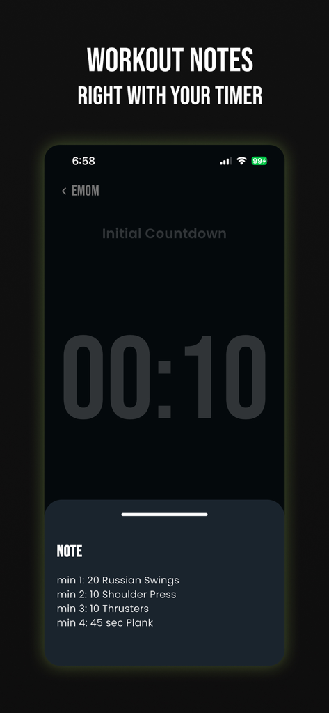 Workout Timer by KBMH - Schermata dell'app Workout Timer che mostra un conto alla rovescia EMOM con note specifiche sull'esercizio