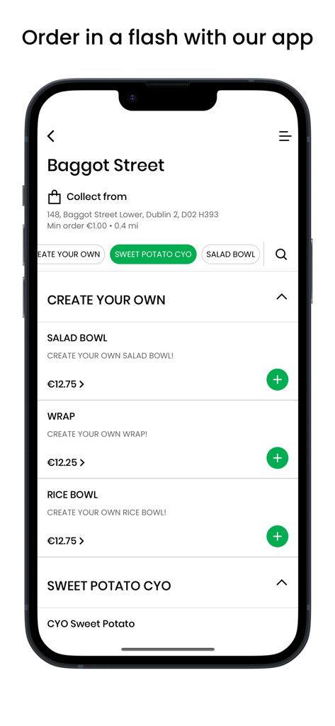Freshly Chopped mobile app menu for creating custom salads and wraps