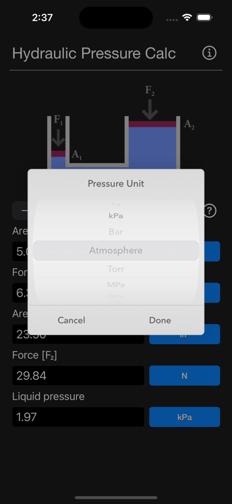 Hydraulic Pressure Calculator - Pressure unit selection menu in the Hydraulic Pressure Calculator app