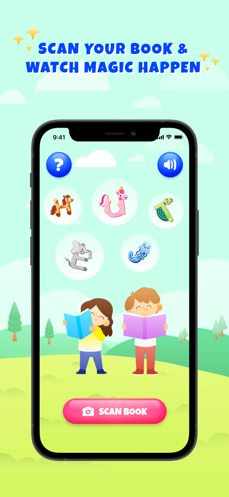 Angel's AR Book - A mobile app interface for Angel's AR Book showing children reading and animal-themed alphabet characters with a scan button