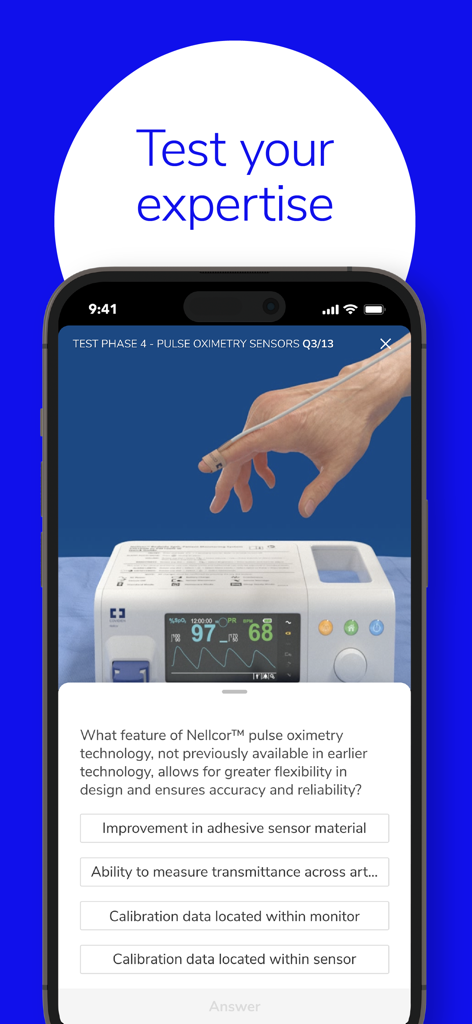 Touch Surgery: Surgical Videos - A surgical training app screen displaying a multiple choice quiz about pulse oximetry technology
