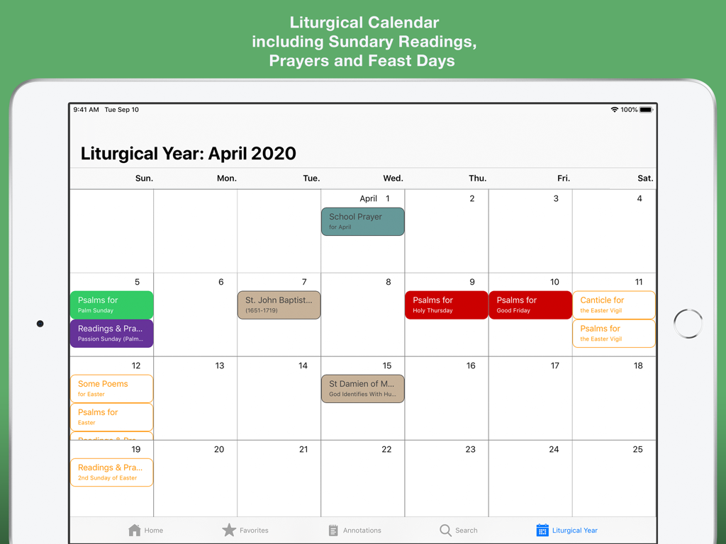 Captura de pantalla de iPad del calendario litúrgico de la Serie KWL que muestra abril de 2020 con días festivos y lecturas católicas