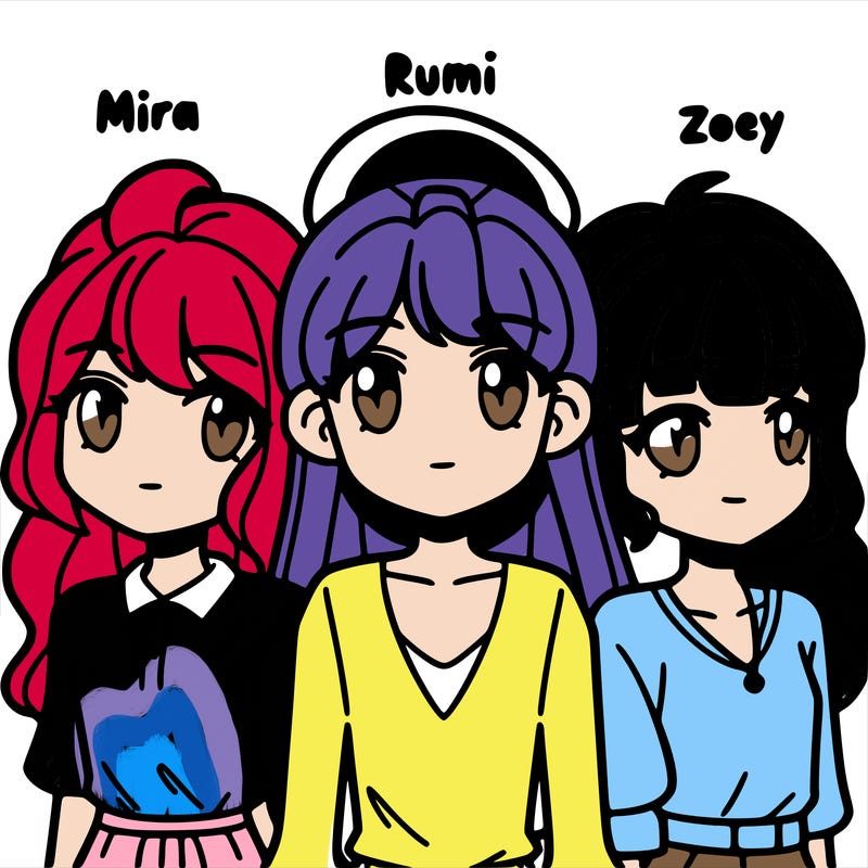 mira, rumi, and zoey