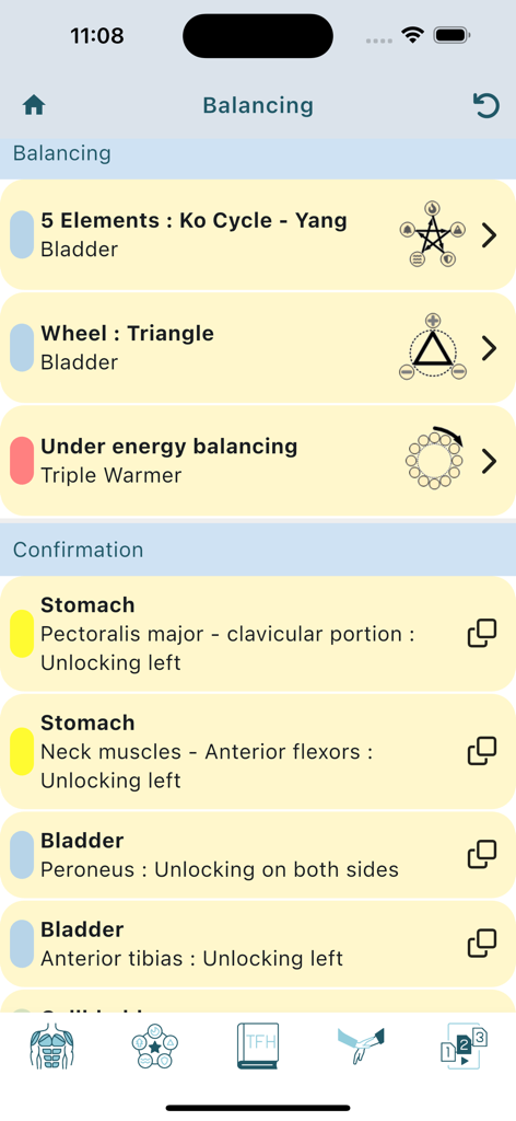 Screenshot of the Touch For Health Animated app showing balancing methods like the Five Elements cycle and muscle test results for practitioners