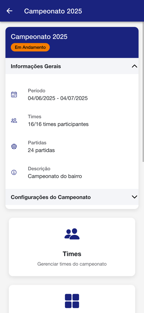 Campeonato fácil - Panel del torneo en la aplicación Campeonato facil que muestra fechas, recuento de equipos y estadísticas de partidos