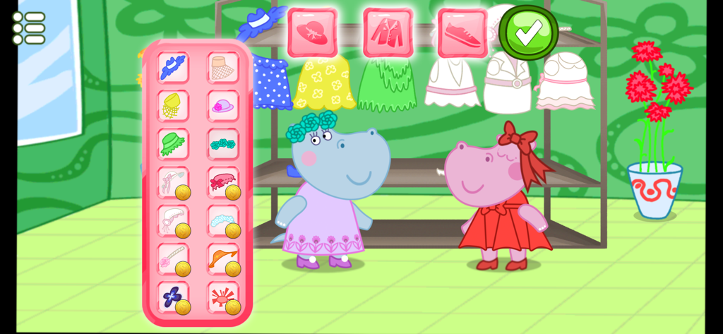 Wedding party planner game new - Dos personajes hipopótamo eligiendo vestidos de novia y accesorios en una colorida boutique