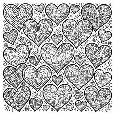 Dive into a world of shimmering patterns with this captivating glitter hearts coloring page. Each heart offers a unique, intricate design, promising hours of creative relaxation.