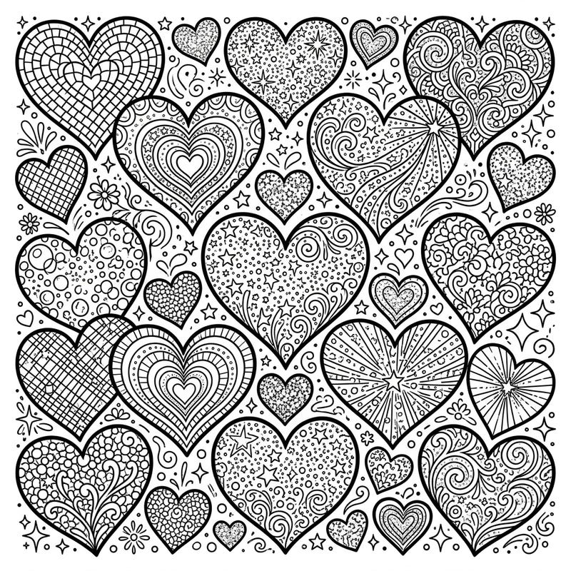 Dive into a world of shimmering patterns with this captivating glitter hearts coloring page. Each heart offers a unique, intricate design, promising hours of creative relaxation.