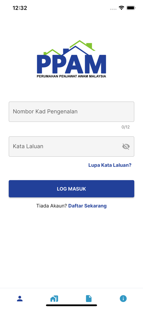 PPAM - Login screen of the PPAM app for Malaysian civil servants housing