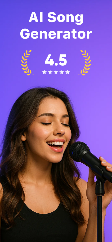 AI Song Maker & Generator - A young woman singing into a microphone with AI Song Generator text and a four point five star rating