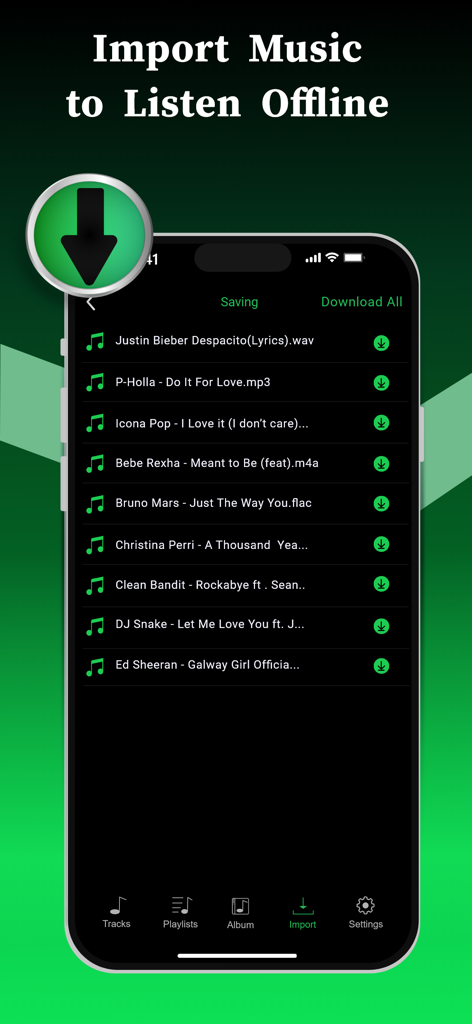 Interface of the Offline Music Player app showing a list of imported songs for offline listening including various audio file formats.