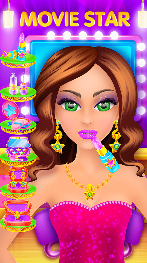 My Beauty Salon - Makeup, Spa, Dressup & Makeover - Una chica recibiendo una transformación de estrella de cine con lápiz labial brillante morado y joyería dorada con estrellas en un juego de salón de belleza.