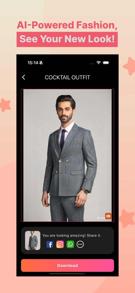 AI Outfit Swap app preview showing a man in a grey pinstripe cocktail suit