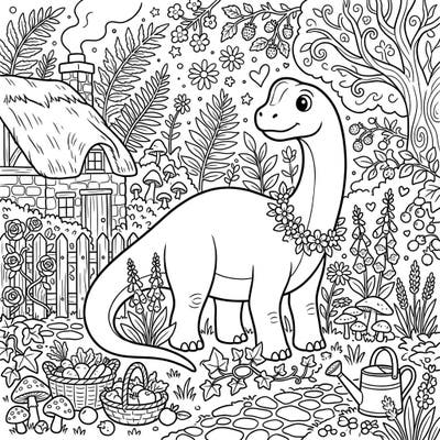 Discover a delightful Camarasaurus enjoying a serene cottagecore garden, complete with charming details. This unique coloring page offers a peaceful and imaginative escape for dinosaur and nature lovers alike.