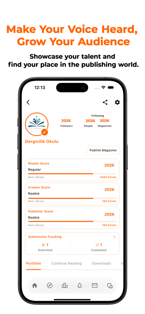 MagPublish - MagPublish mobile app interface showing a creator profile with reader, creator, and publisher scores and submission tracking stats.