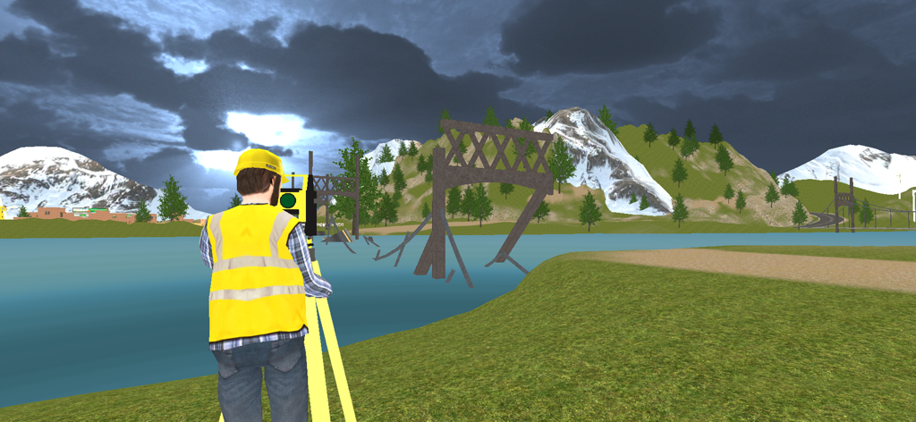 Real City Construction Games - Un trabajador de la construcción inspeccionando un puente roto en un entorno de montaña.