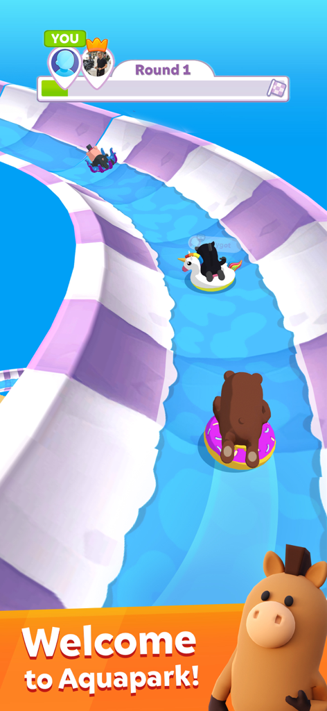Characters racing on inflatable floats down a colorful water slide