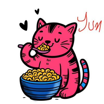 cat eating mac and cheese out of a bowl