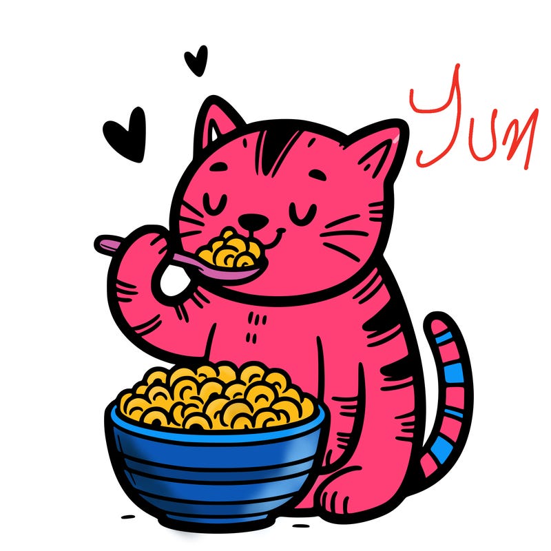 cat eating mac and cheese out of a bowl
