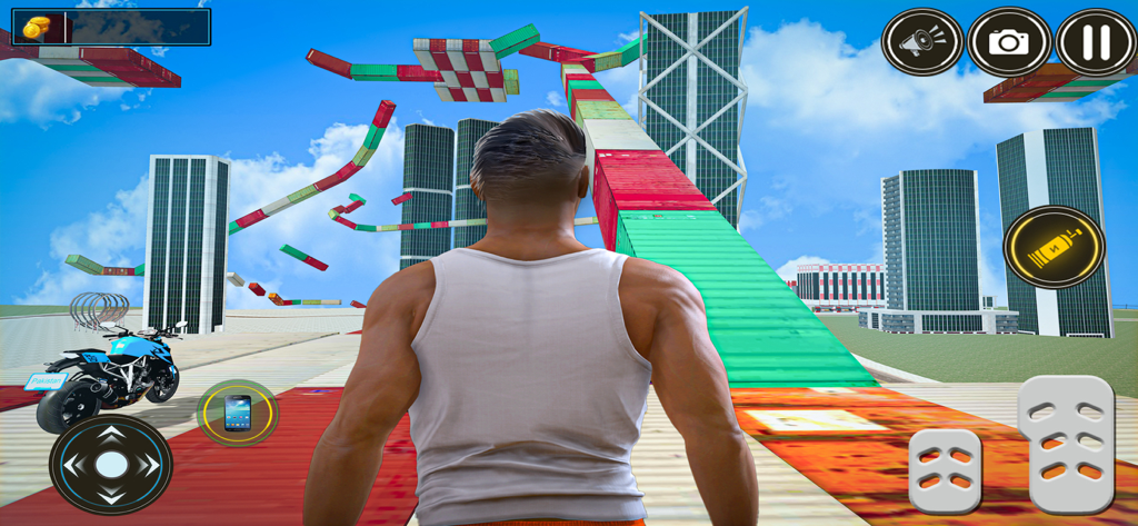 Indian Bike Driving 3D Offline - Third-person view of a character facing a colorful aerial stunt ramp in a city environment