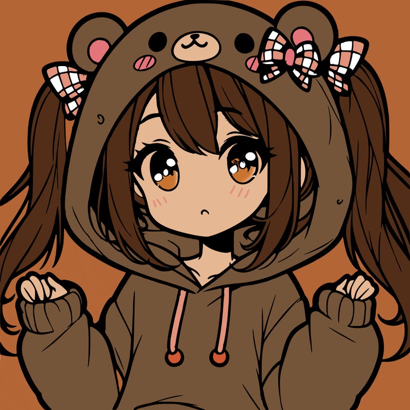 cute anime girl with ponytails and a cute bear hoodie
