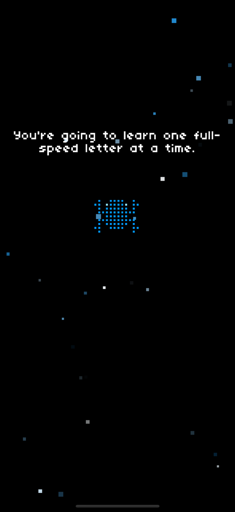 Pantalla de instrucciones de arte pixelado en la app Morse Toad describiendo el método Koch para aprender letras de código morse a máxima velocidad