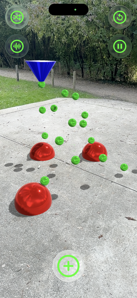 Sound Drop AR - Augmented reality music creation showing green balls bouncing on red reactors in an outdoor setting