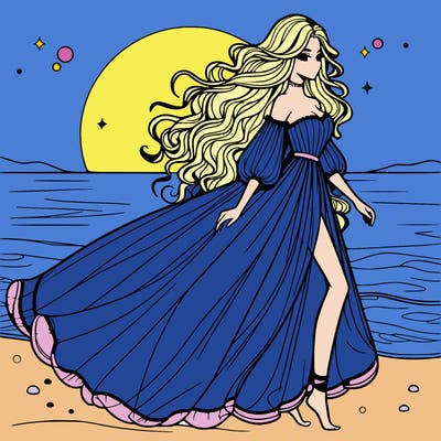 beautiful woman with a vaporous long dress walking on the beach at the noon, detailed art