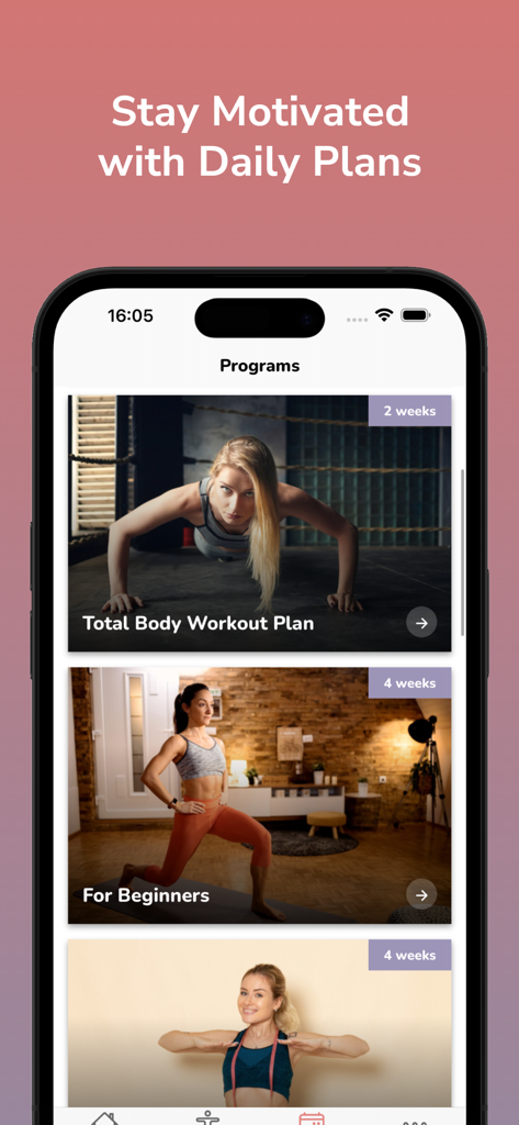 Female Workouts - Interfaz de la aplicación mostrando varios programas de entrenamiento en casa de varias semanas para mujeres