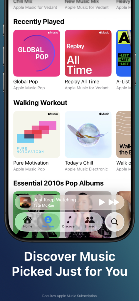 QuickPod - Music Widgets - QuickPod app interface showing curated music playlists and recently played albums.