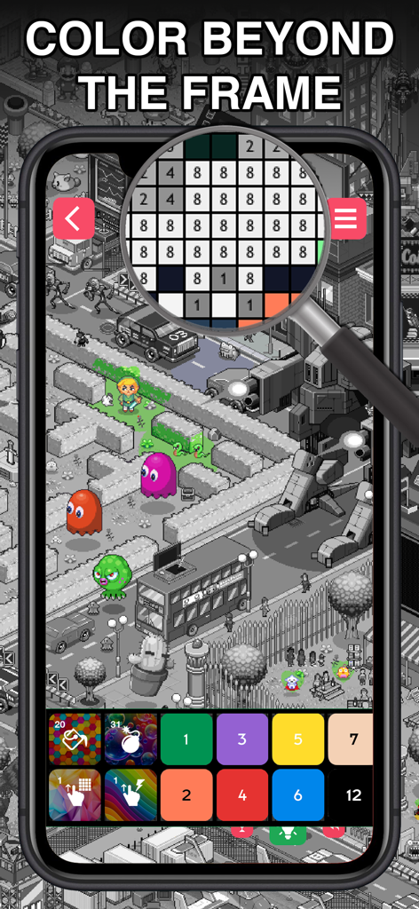 Eine Pixelkunst-Mal-App-Oberfläche, die eine Lupe über einem Malen-nach-Zahlen-Gitter zeigt.