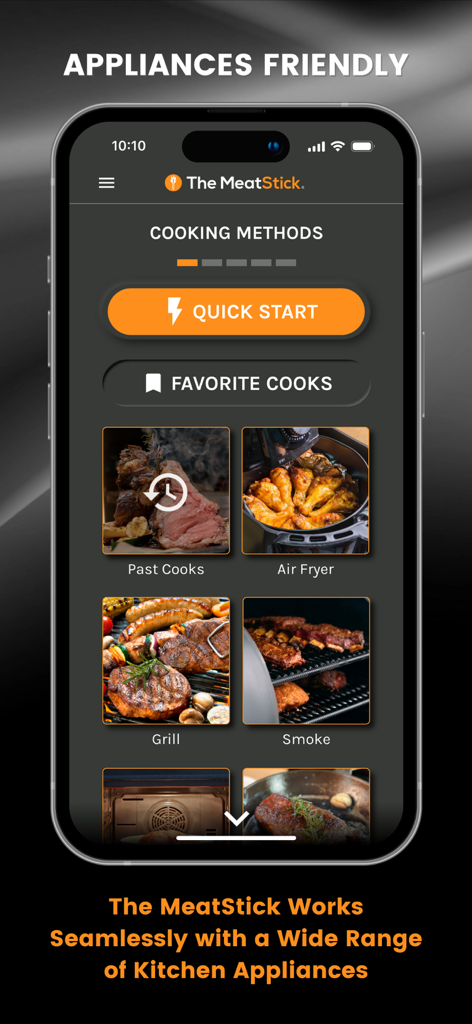 The MeatStick - The MeatStick mobile app displaying various cooking options for air fryers grills and smokers