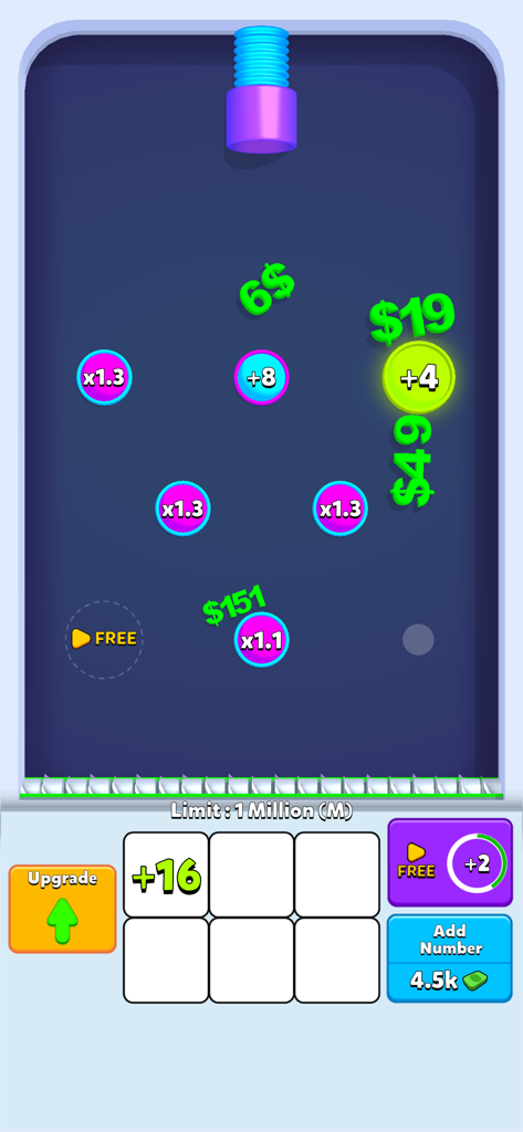 Digi Merge - Gameplay of Digi Merge showing numeric bumpers and cash rewards in an idle puzzle interface