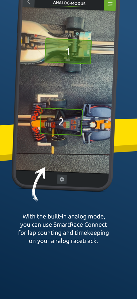 SmartRace Connect app interface showing camera based lap counting and timekeeping for an analog slot car racetrack