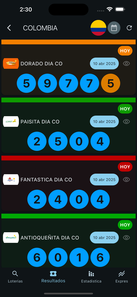 Loto Latina Resultados Loteria - Pantalla de aplicación móvil mostrando resultados de loterías colombianas en tiempo real para los sorteos Dorado, Paisita y Fantástica