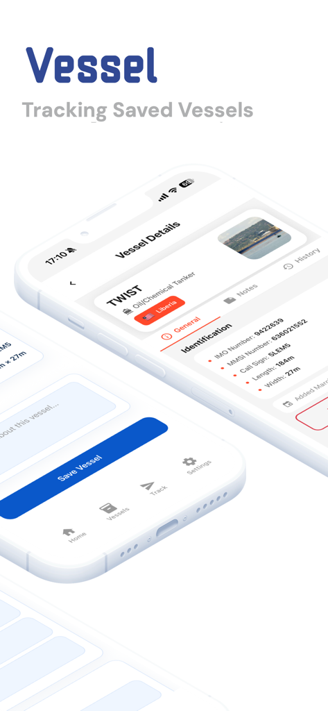 Mobile Benutzeroberfläche der GetMarine-App, die technische Schiffdetails wie IMO- und MMSI-Nummern für ein Schiff anzeigt.