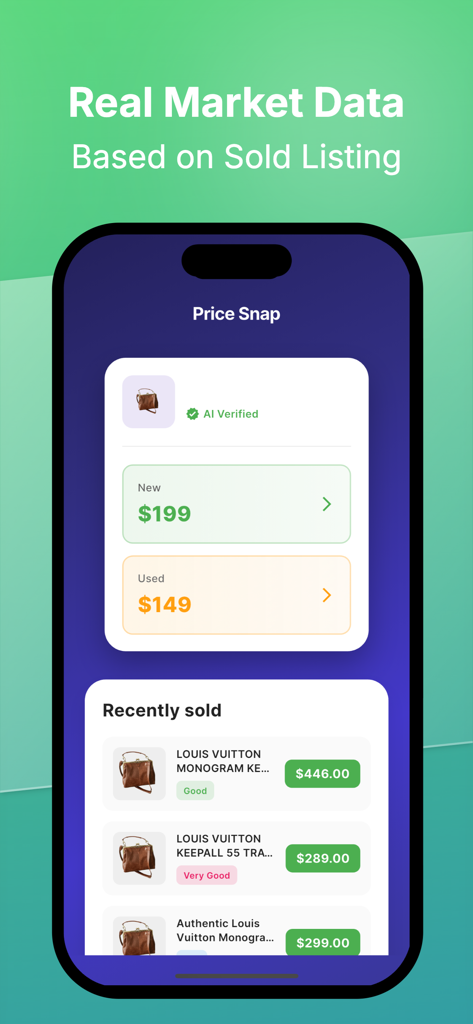 Price Snap: Ai Value Scanner - Price Snap app interface displaying resale value estimates and recently sold luxury bag listings with market prices.