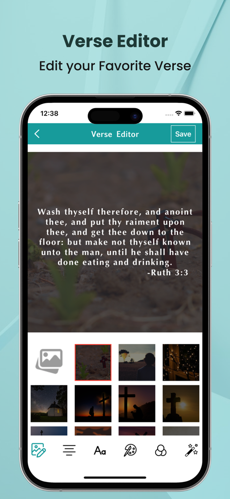KJV Apocrypha - KJV伪经应用程序经文编辑器屏幕，显示覆盖在可自定义背景上的圣经经文，以及各种编辑工具。