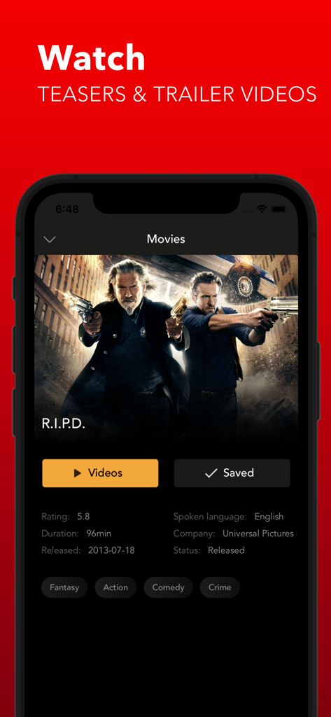 MovieFlix : Movies & TV Shows - Movie detail screen for R.I.P.D. on MovieFlix app showing movie information and trailer options.