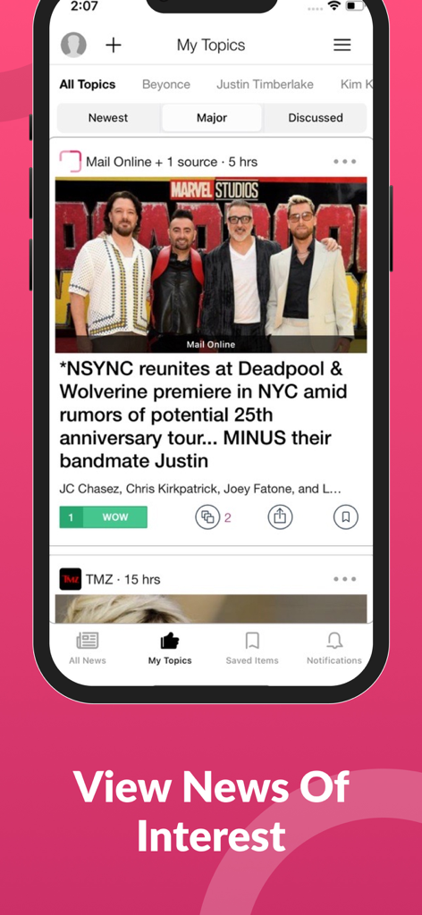 Celebrity News & Social Trends - Mobile screen displaying a celebrity news feed with stories and personalized topic tabs