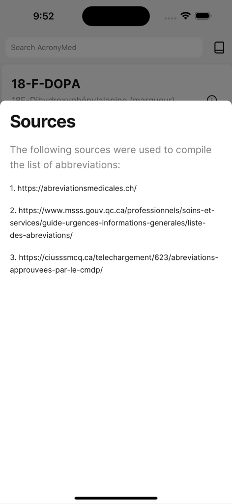 Acronymed - The sources page of the Acronymed app listing medical reference websites used for the abbreviation database