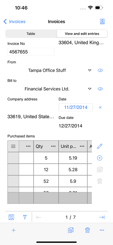 MobiDB Database - Application MobiDB Database affichant un écran d'édition de facture professionnelle avec des champs de formulaire personnalisés et un tableau de données pour les articles achetés
