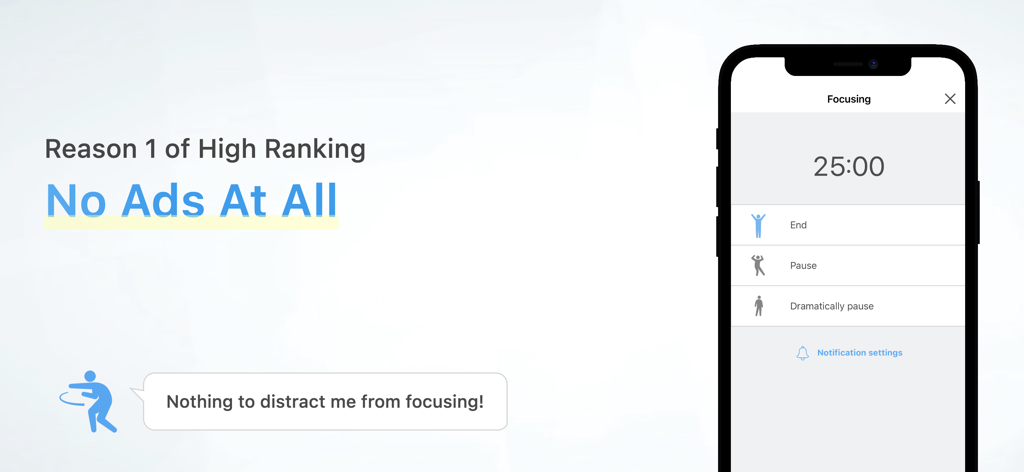 Focus: Pomodoro Study Timer - Interfaccia di Focus Pomodoro Study Timer che evidenzia zero pubblicità per un lavoro senza distrazioni