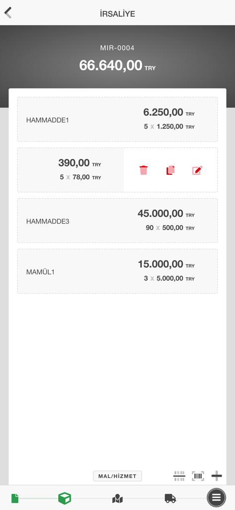 LioX - Mobile screen of LioX ERP app displaying a detailed waybill with itemized business costs in Turkish Lira