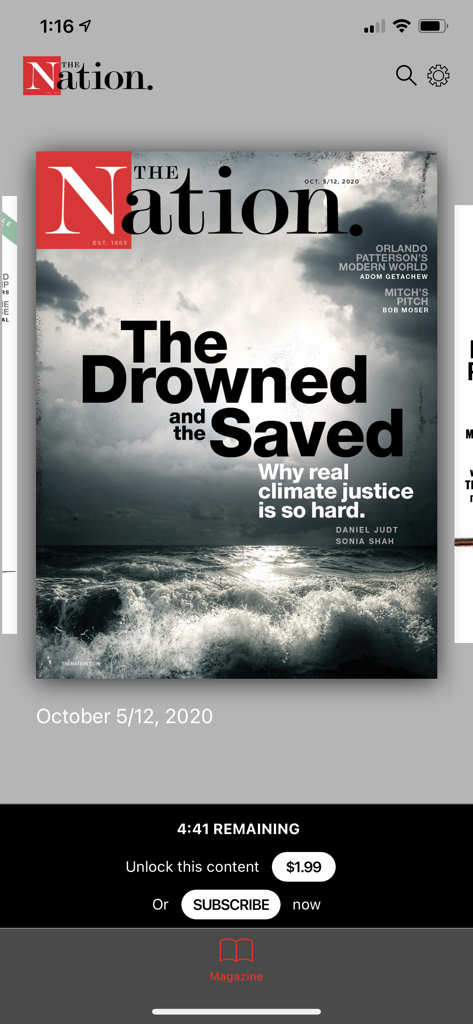 The Nation Magazine - The Nation Magazineアプリに、気候正義に関する「The Drowned and the Saved」と題された2020年10月号が表示されます。