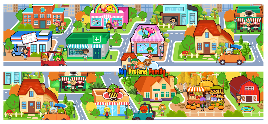 A colorful cartoon town map featuring various buildings and characters from the My Pretend Home and Family app.