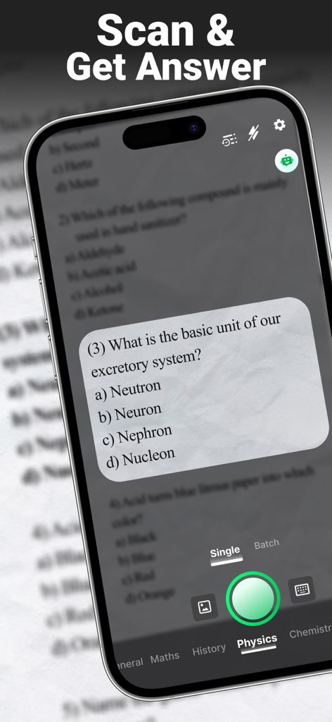 PhotoSolve: Answer Pic Solver - Smartphone using the PhotoSolve app to scan a science homework question for an instant answer